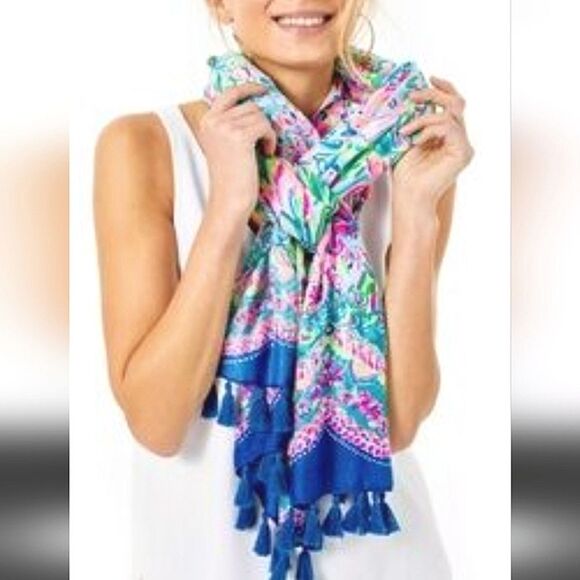 Lilly Pulitzer Resort Scarf Floral Pink Blue - Picture 1 of 7
